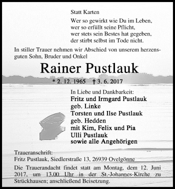 Traueranzeige von Rainer Pustlauk von Nordwest-Zeitung