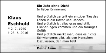 Traueranzeige von Klaus Eschhold von Nordwest-Zeitung