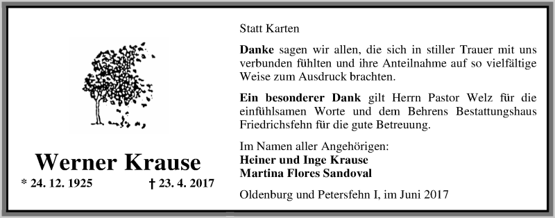  Traueranzeige für Werner Krause vom 10.06.2017 aus Nordwest-Zeitung