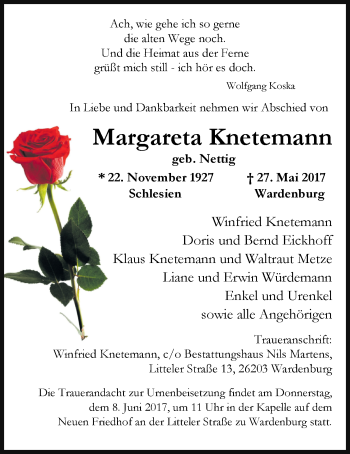 Traueranzeige von Margareta Knetemann von Nordwest-Zeitung