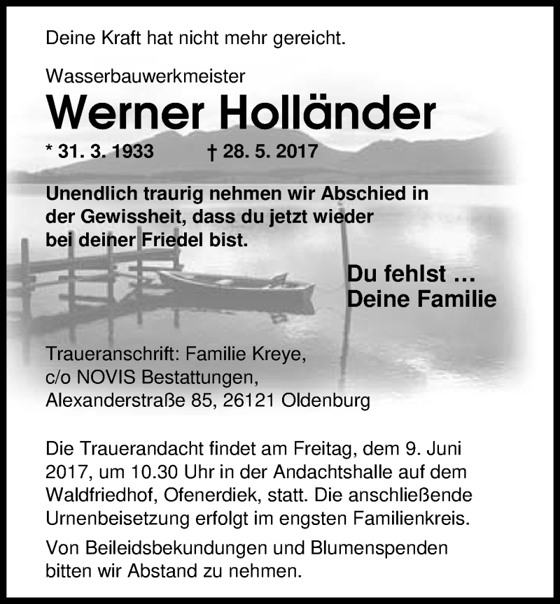  Traueranzeige für Werner Holländer vom 03.06.2017 aus Nordwest-Zeitung