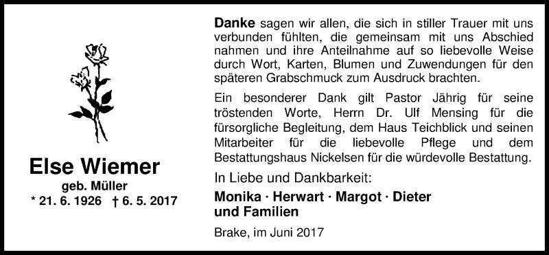  Traueranzeige für Else Wiemer vom 10.06.2017 aus Nordwest-Zeitung