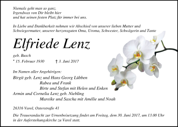 Traueranzeige von Elfriede Lenz von Nordwest-Zeitung
