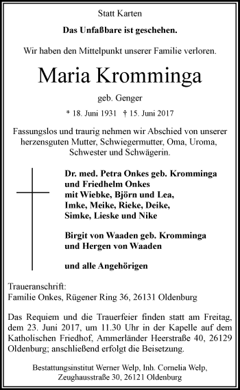 Traueranzeige von Maria Kromminga von Nordwest-Zeitung