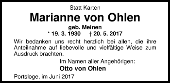 Traueranzeige von Marianne  von Ohlen von Nordwest-Zeitung