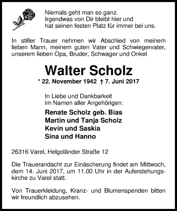 Traueranzeige von Walter Scholz von Nordwest-Zeitung