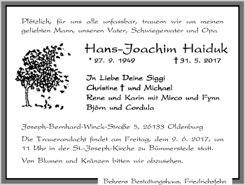Traueranzeige von Hans-Joachim Haiduk von Nordwest-Zeitung