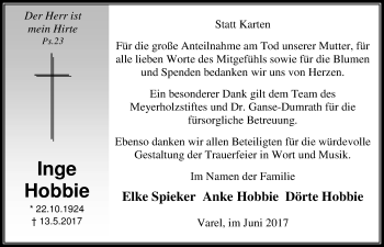 Traueranzeige von Inge Hobbie von Nordwest-Zeitung