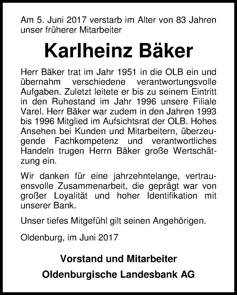  Traueranzeige für Karlheinz Bäker vom 12.06.2017 aus Nordwest-Zeitung