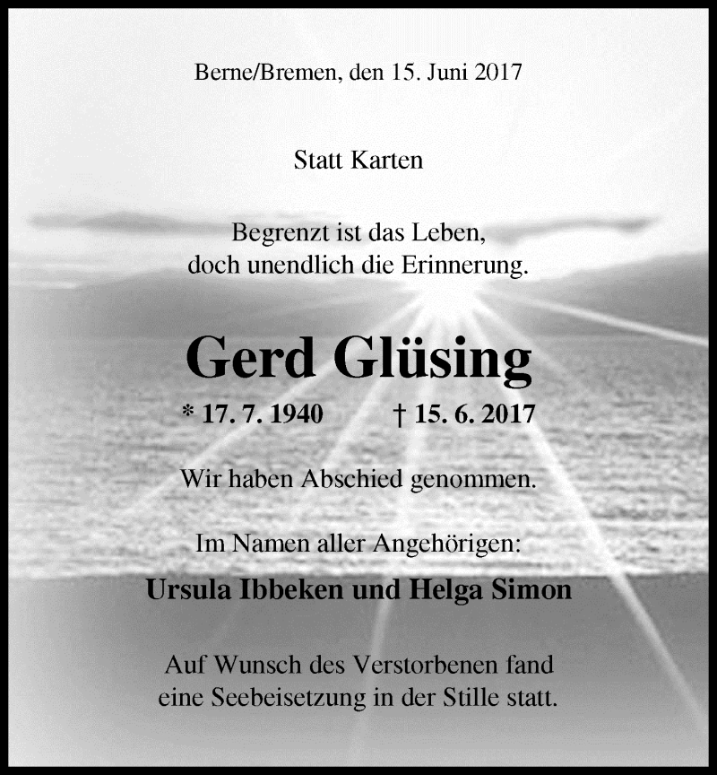  Traueranzeige für Gerd Glüsing vom 24.06.2017 aus Nordwest-Zeitung