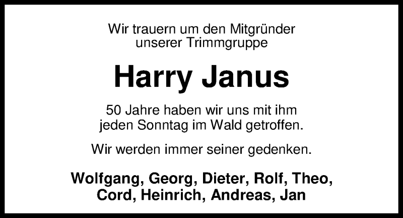  Traueranzeige für Harry Janus vom 24.06.2017 aus Nordwest-Zeitung