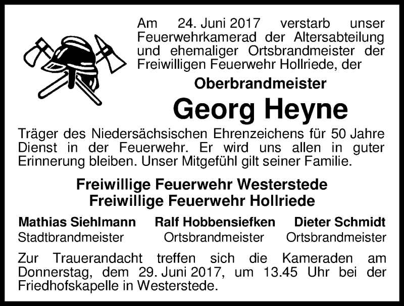  Traueranzeige für Georg Heyne vom 27.06.2017 aus Nordwest-Zeitung
