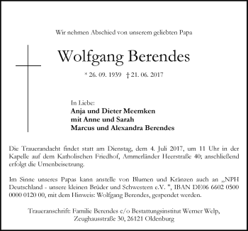 Traueranzeige von Wolfgang Berendes von Nordwest-Zeitung