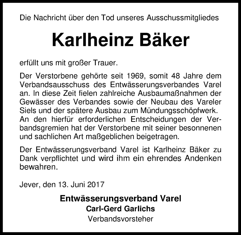  Traueranzeige für Karlheinz Bäker vom 13.06.2017 aus Nordwest-Zeitung
