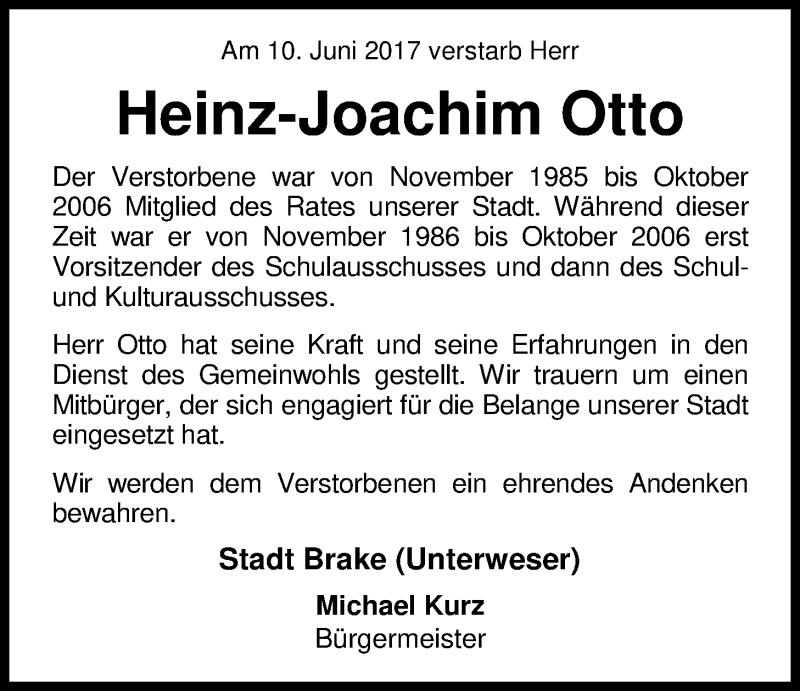  Traueranzeige für Heinz-Joachim Otto vom 13.06.2017 aus Nordwest-Zeitung