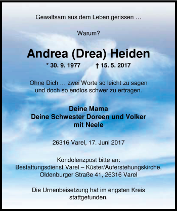 Traueranzeige von Andrea Heiden von Nordwest-Zeitung