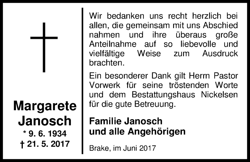  Traueranzeige für Margarete Janosch vom 16.06.2017 aus Nordwest-Zeitung