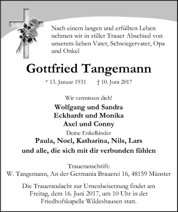 Traueranzeige von Gottfried Tangemann von Nordwest-Zeitung
