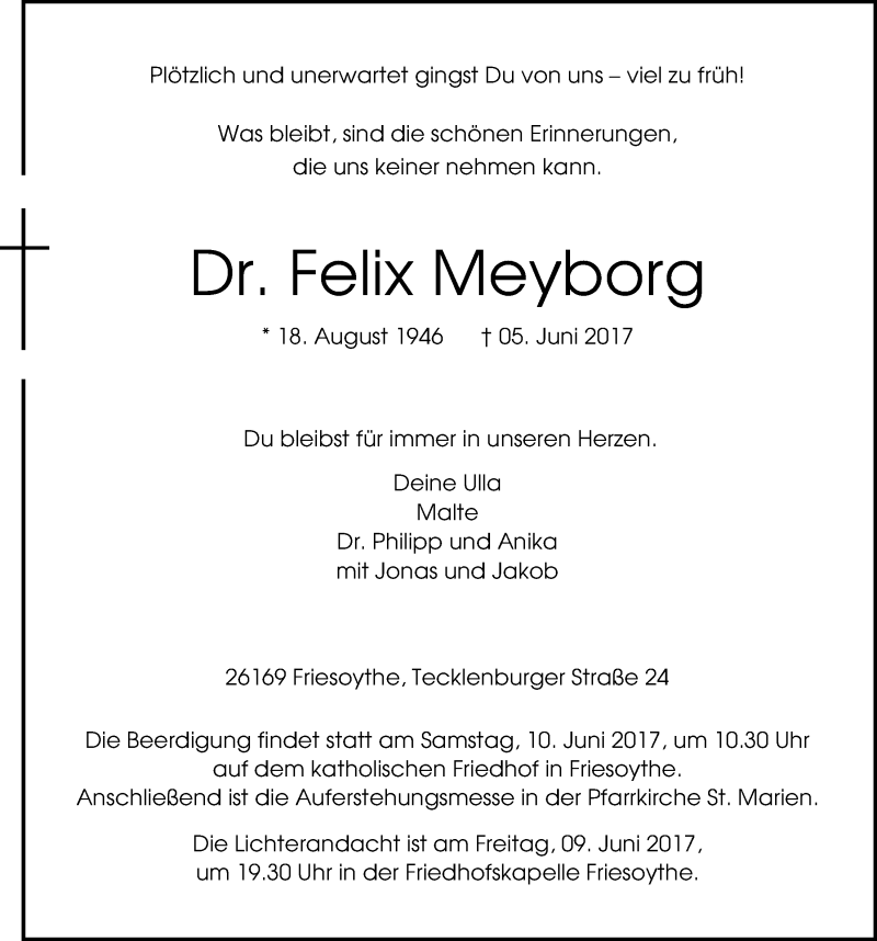  Traueranzeige für Felix Meyborg vom 07.06.2017 aus Nordwest-Zeitung