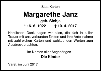 Traueranzeige von Margarethe Janz von Nordwest-Zeitung