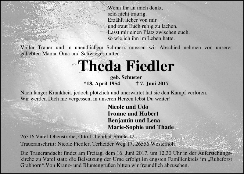  Traueranzeige für Theda Fiedler vom 14.06.2017 aus Nordwest-Zeitung