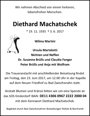 Traueranzeige von Diethard Machatschek von Nordwest-Zeitung