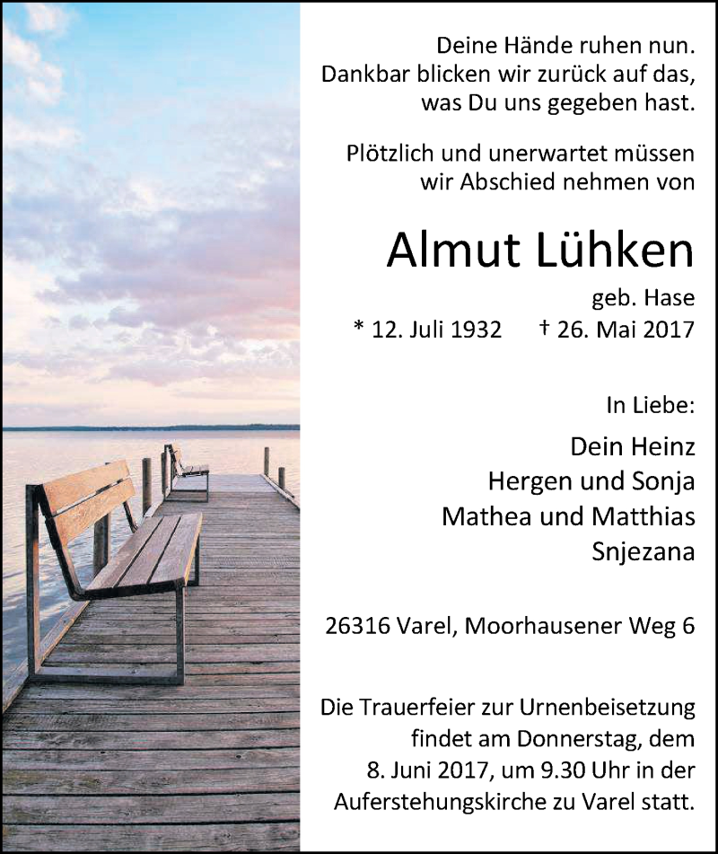  Traueranzeige für Almut Lühken vom 03.06.2017 aus Nordwest-Zeitung