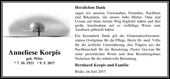 Traueranzeige von Anneliese Korpis von Nordwest-Zeitung