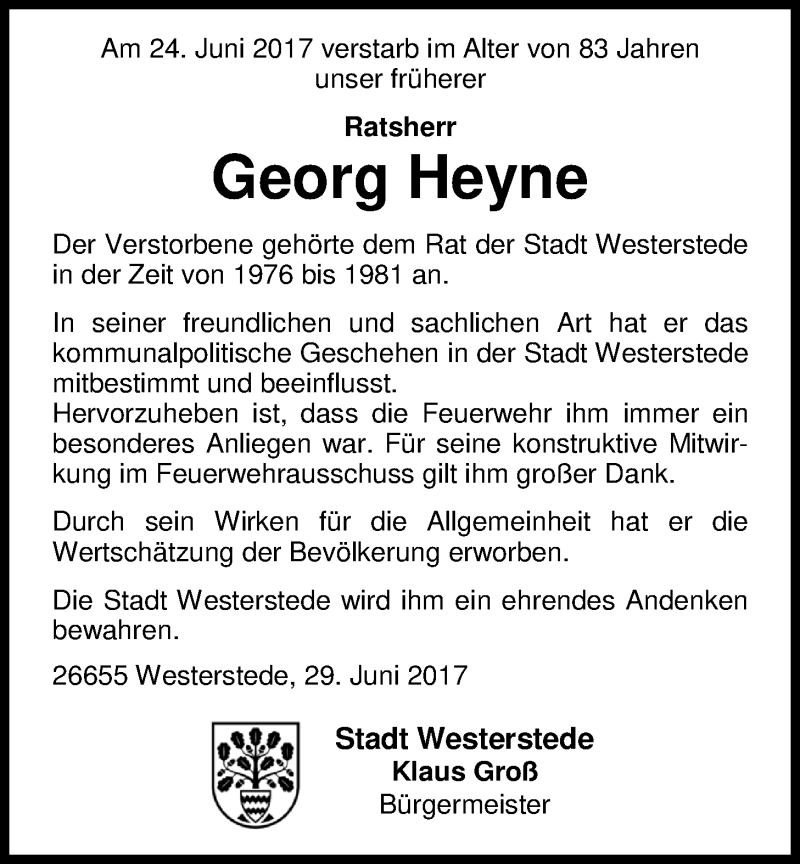  Traueranzeige für Georg Heyne vom 29.06.2017 aus Nordwest-Zeitung