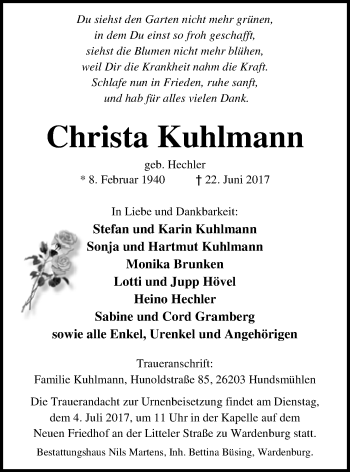 Traueranzeige von Christa Kuhlmann von Nordwest-Zeitung