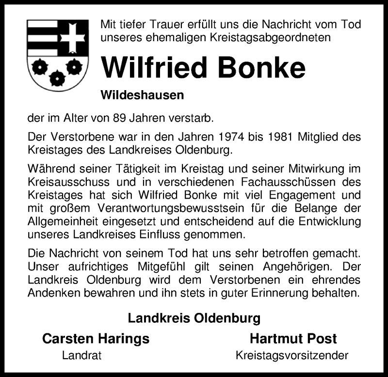  Traueranzeige für Wilfried Bonke vom 27.06.2017 aus Nordwest-Zeitung