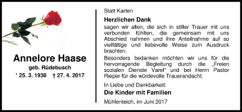 Traueranzeige von Annelore Haase von Nordwest-Zeitung