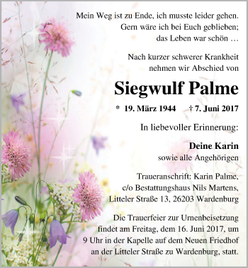 Traueranzeige von Siegwulf Palme von Nordwest-Zeitung