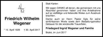Traueranzeige von Friedrich Wilhelm Wegener von Nordwest-Zeitung