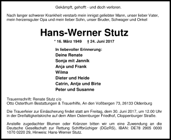 Traueranzeige von Hans-Werner Stutz von Nordwest-Zeitung