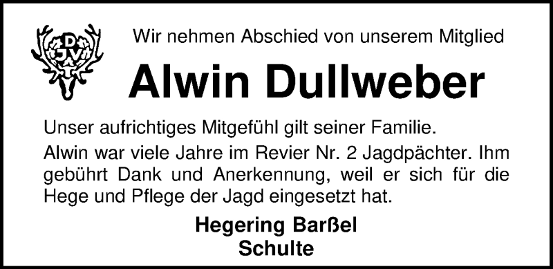  Traueranzeige für Alwin Dullweber vom 08.06.2017 aus Nordwest-Zeitung