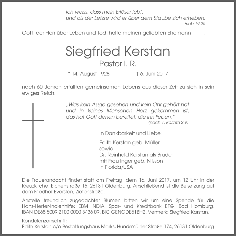  Traueranzeige für Siegfried Kerstan vom 13.06.2017 aus Nordwest-Zeitung