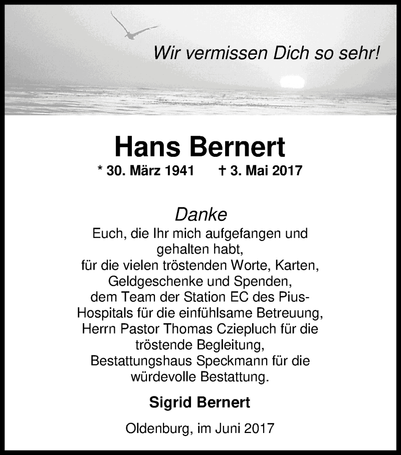  Traueranzeige für Hans Bernert vom 10.06.2017 aus Nordwest-Zeitung