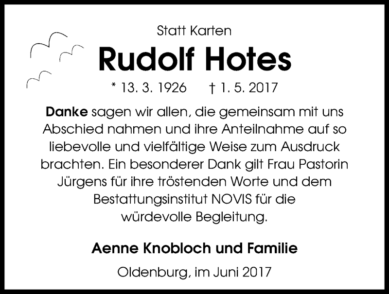  Traueranzeige für Rudolf Hotes vom 10.06.2017 aus Nordwest-Zeitung
