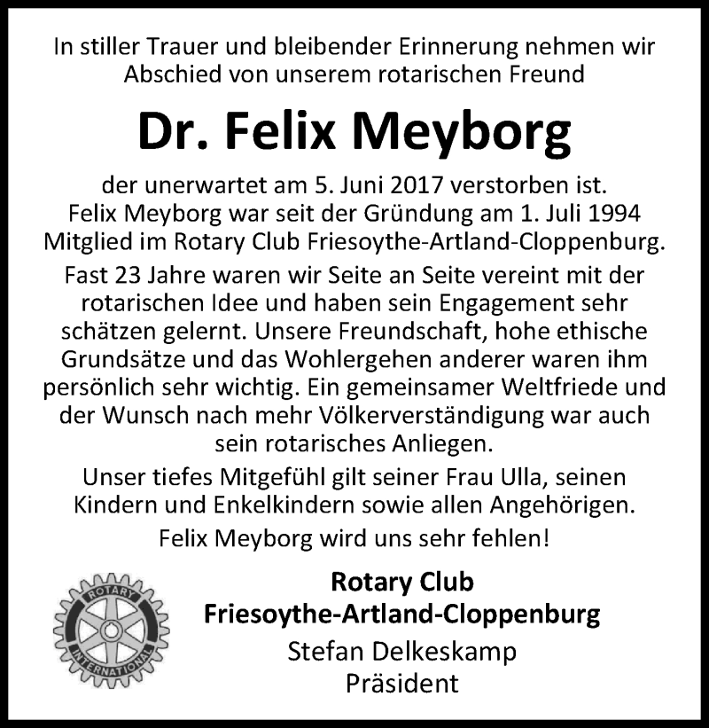  Traueranzeige für Felix Meyborg vom 09.06.2017 aus Nordwest-Zeitung