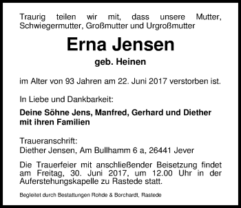 Traueranzeige von Erna Jensen von Nordwest-Zeitung