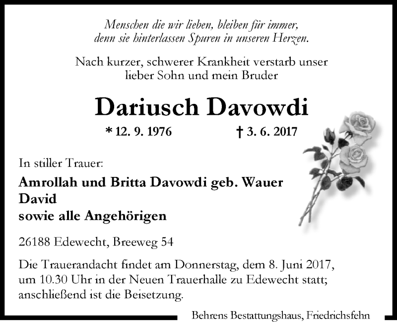  Traueranzeige für Dariusch Davowdi vom 06.06.2017 aus Nordwest-Zeitung