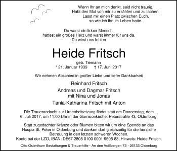 Traueranzeige von Heide Fritsch von Nordwest-Zeitung
