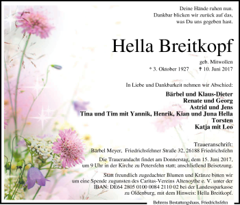 Traueranzeige von Hella Breitkopf von Nordwest-Zeitung