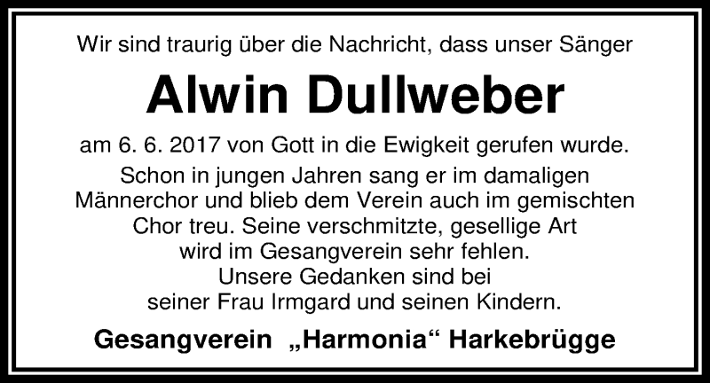  Traueranzeige für Alwin Dullweber vom 08.06.2017 aus Nordwest-Zeitung