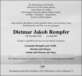 Traueranzeige von Dietmar Jakob Rempfer von Nordwest-Zeitung