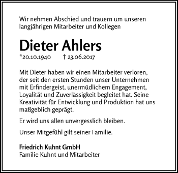 Traueranzeige von Dieter Ahlers von Nordwest-Zeitung