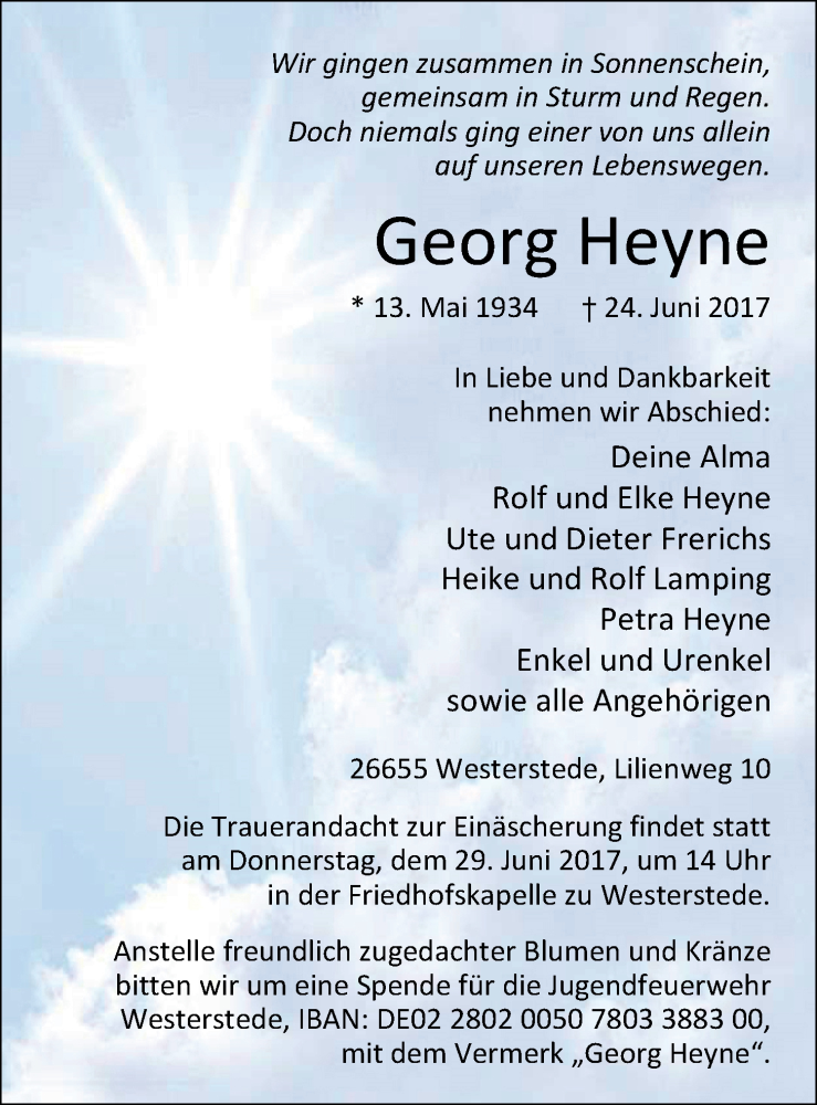  Traueranzeige für Georg Heyne vom 26.06.2017 aus Nordwest-Zeitung
