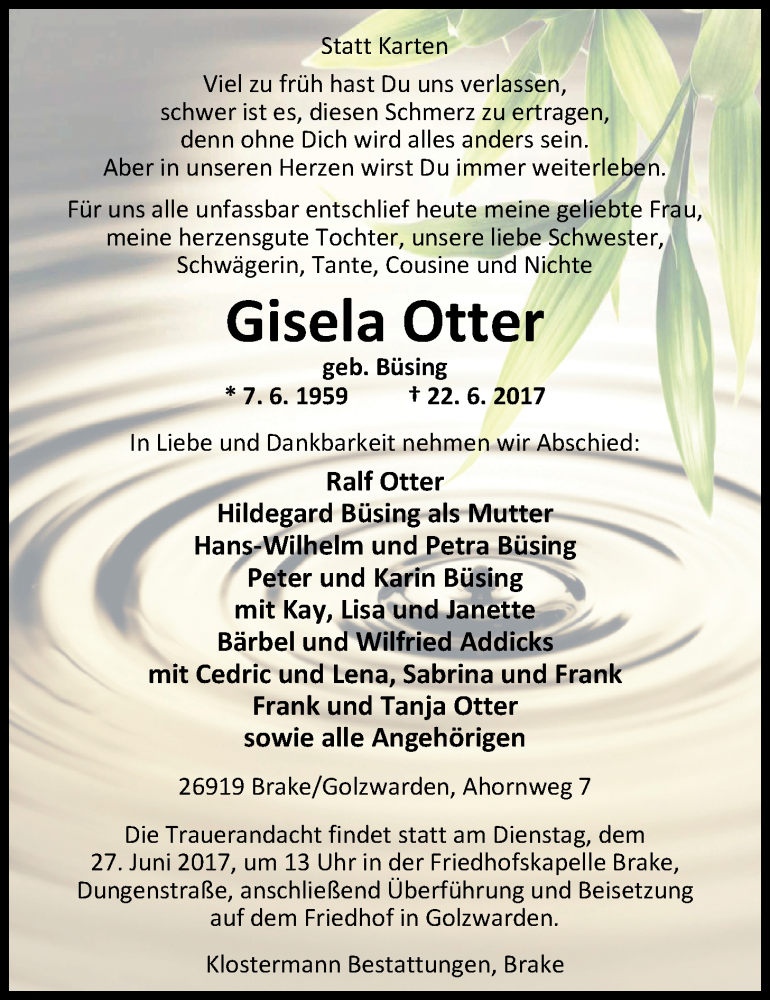  Traueranzeige für Gisela Otter vom 24.06.2017 aus Nordwest-Zeitung