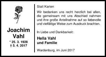 Traueranzeige von Joachim Vahl von Nordwest-Zeitung